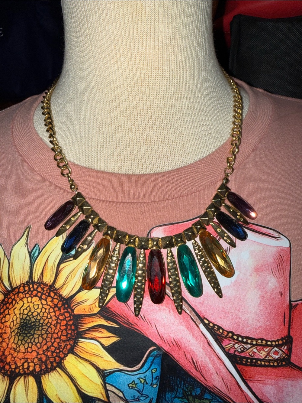 Bold Multicolor Gemstone Statement Necklace - Gold Tone Fashion Jewelry